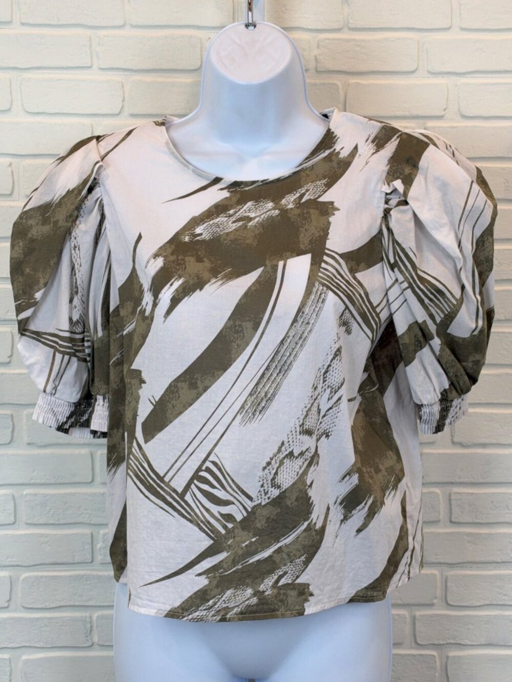 DKNY Blouse Puff Sleeve Abstract Print Cotton Olive White XS